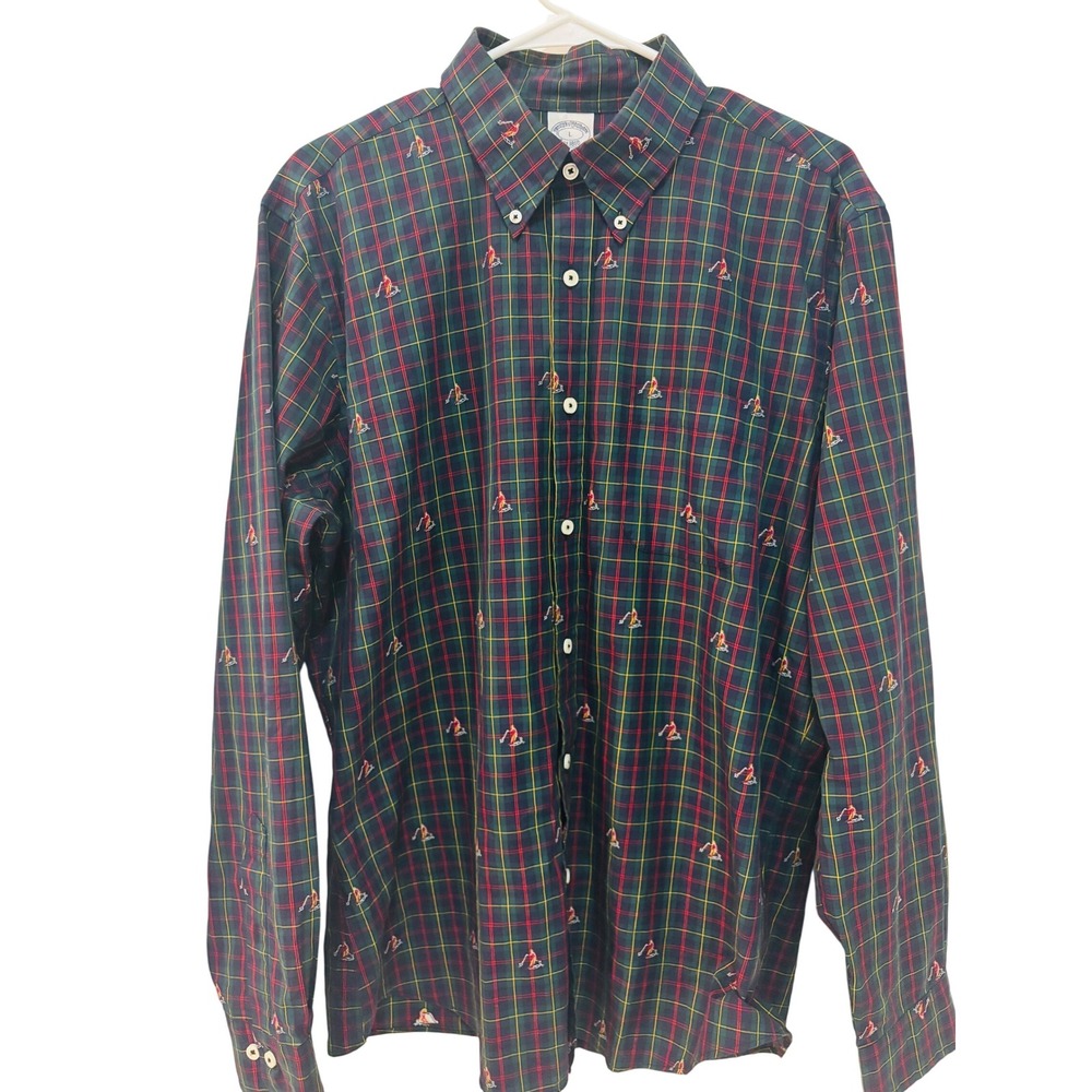 Brooks Brothers Regent Fit Tartan Plaid Skiing Embroidered‎ Button Down L